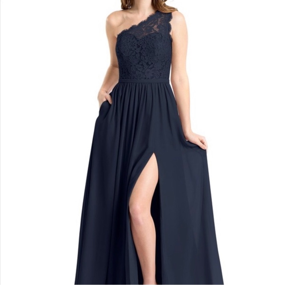 Azazie One Shoulder Lace Gown in Dark Navy